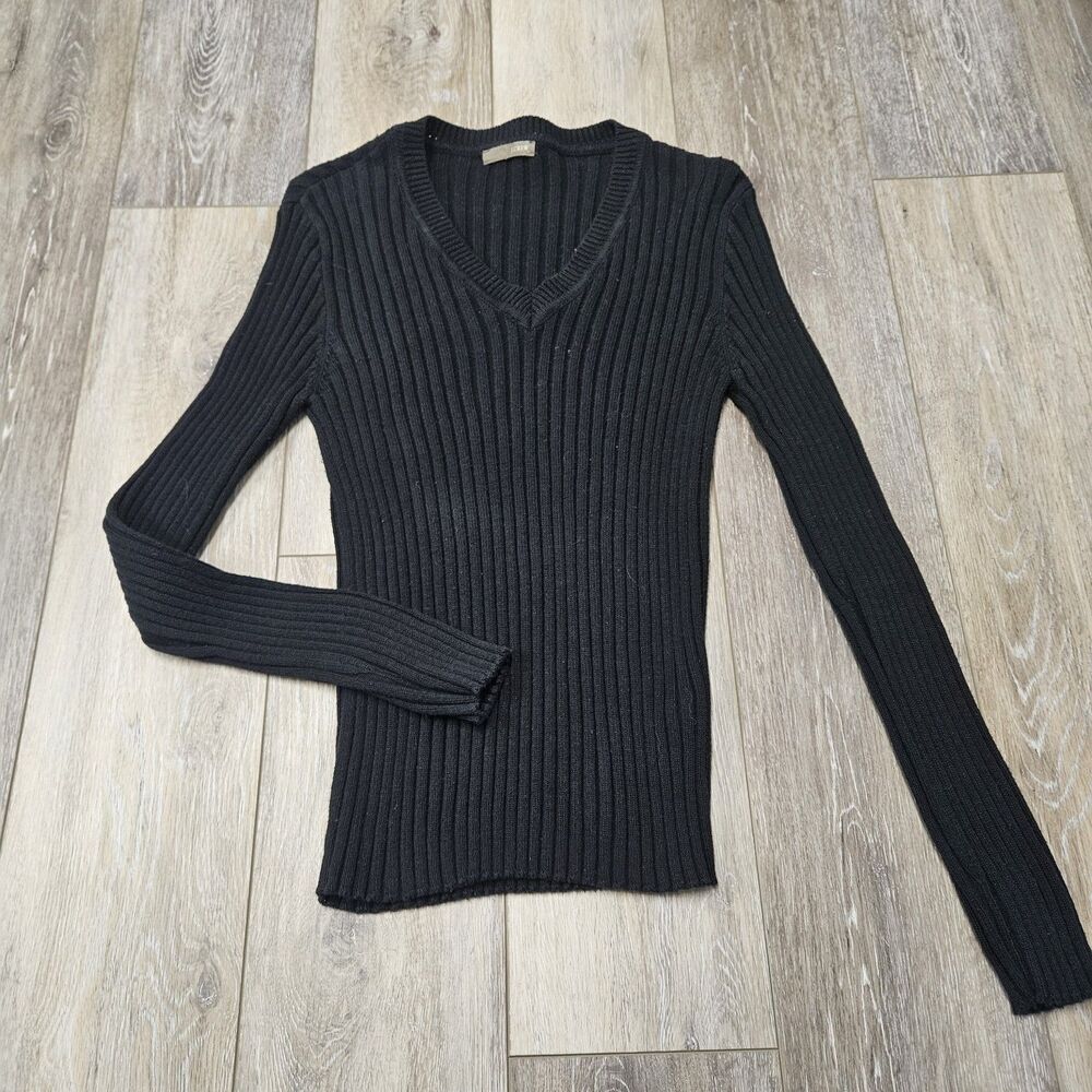 J. Crew Black Thick Ribbed V Neck Sweater Fitted Stretch Women's Small Medium